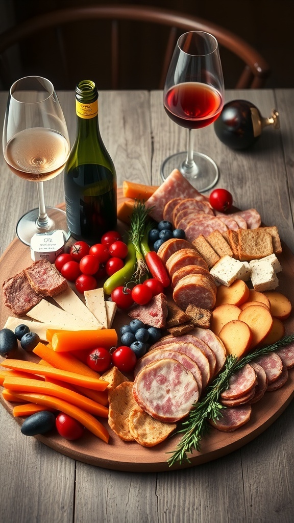 A charcuterie board with various meats, cheeses, vegetables, and two glasses of wine.