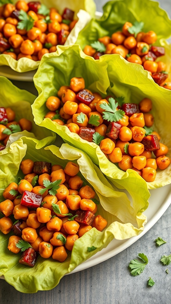 A plate of BBQ Chickpea Salad Bites served in lettuce leaves, featuring chickpeas, diced bell peppers, and cilantro.