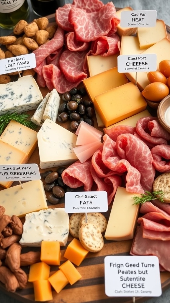A beautifully arranged charcuterie board featuring various cheeses, cured meats, nuts, and dried fruits.