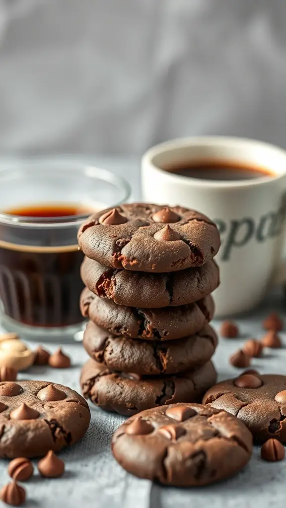 Stack of chocolate hazelnut cookies with coffee cups