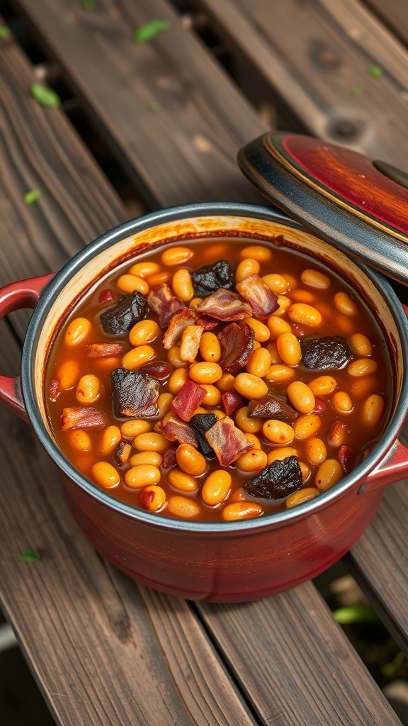 A pot of baked beans with bacon on a wooden table.