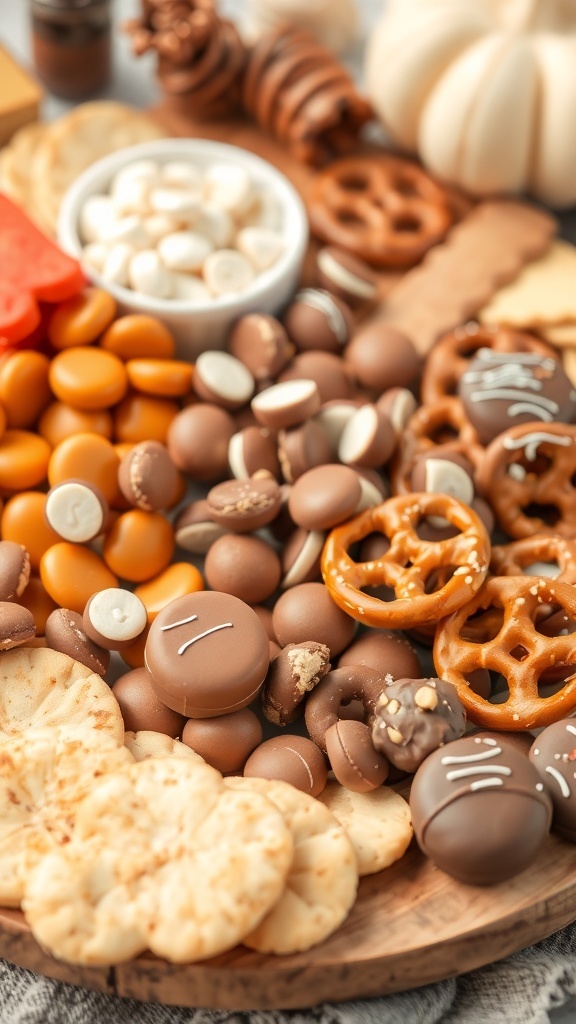 A colorful fall charcuterie board featuring sweet treats like chocolate-covered pretzels, assorted candies, and cookies.