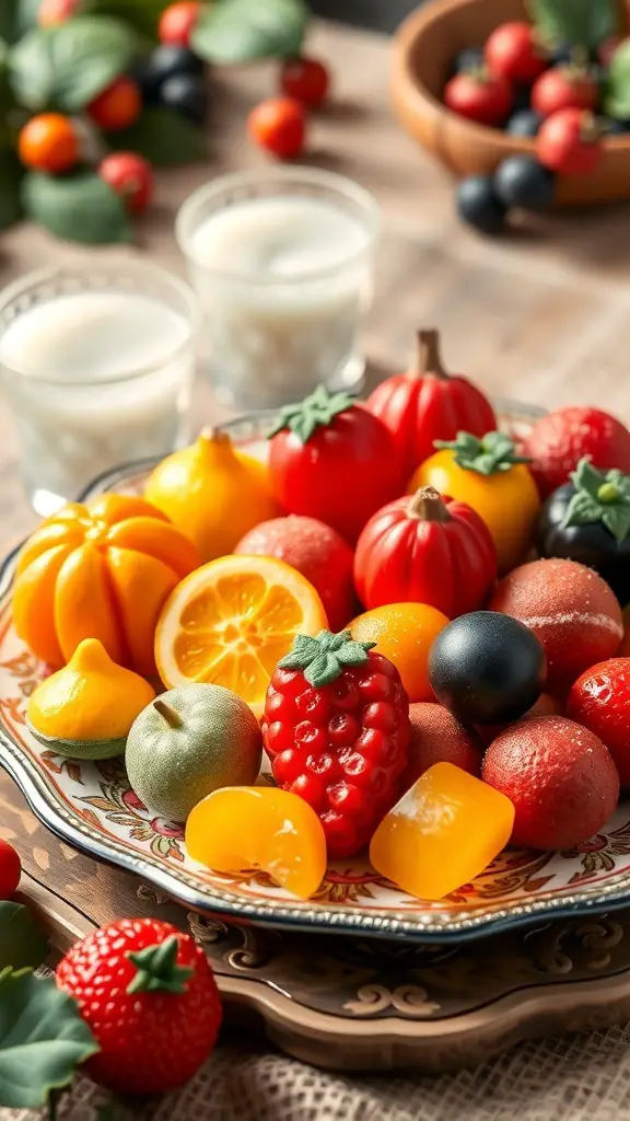 A decorative plate filled with colorful marzipan fruits resembling strawberries, oranges, and tomatoes.