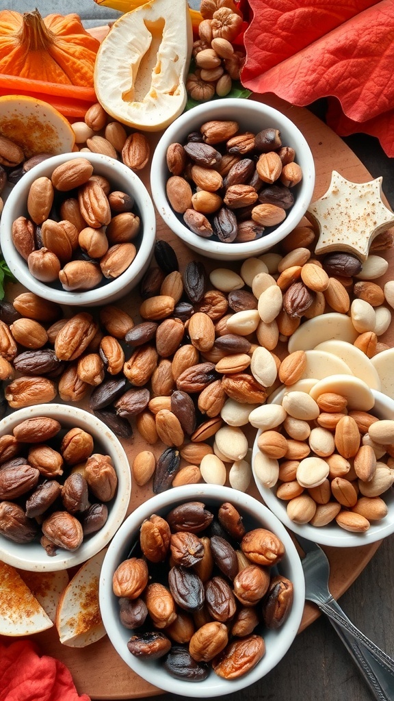 A variety of nuts and seeds displayed in small bowls on a charcuterie board, surrounded by autumn leaves and decorative pumpkins.