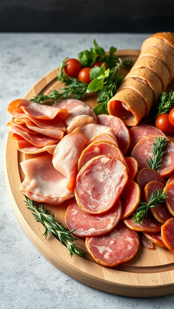 A beautifully arranged fall charcuterie board featuring various meats, fresh herbs, and cherry tomatoes.