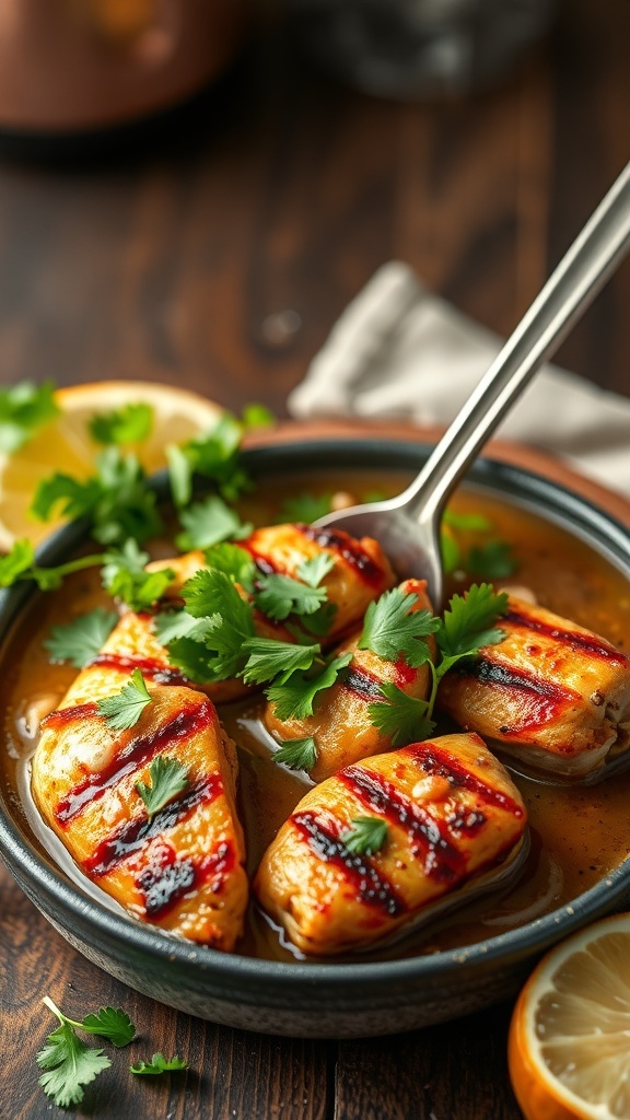 A bowl of Smoky Chipotle Chicken Broth with grilled chicken, cilantro, and lemon slices