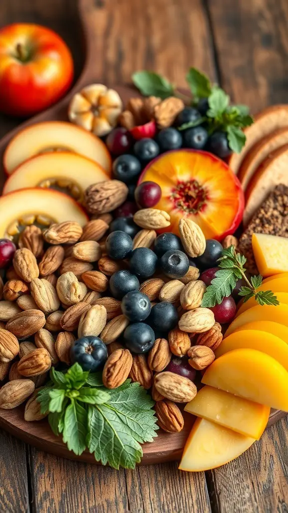 A charcuterie board featuring sliced fruits and assorted nuts arranged beautifully.