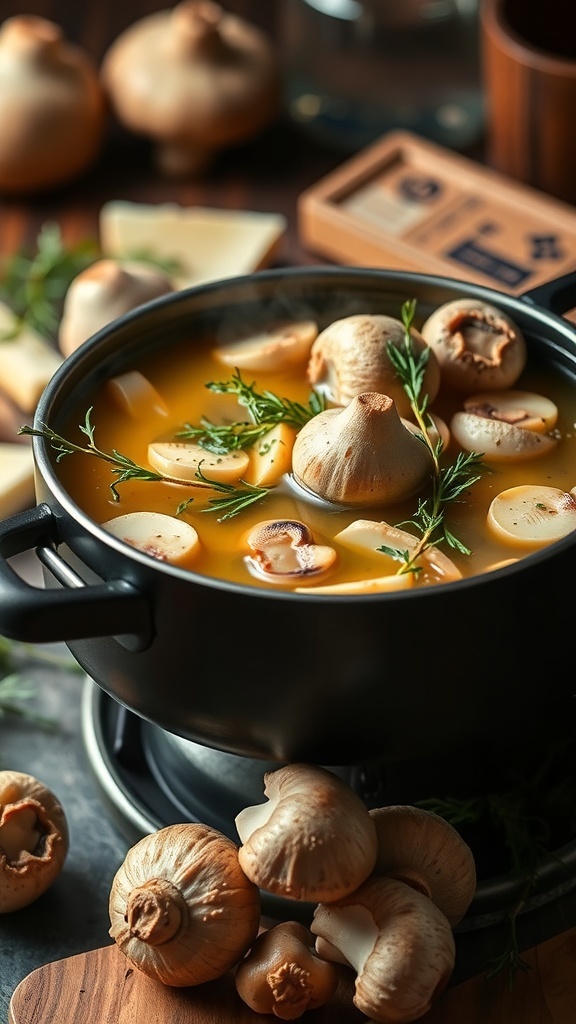 A pot of garlic and herb mushroom broth with fresh mushrooms and herbs around it