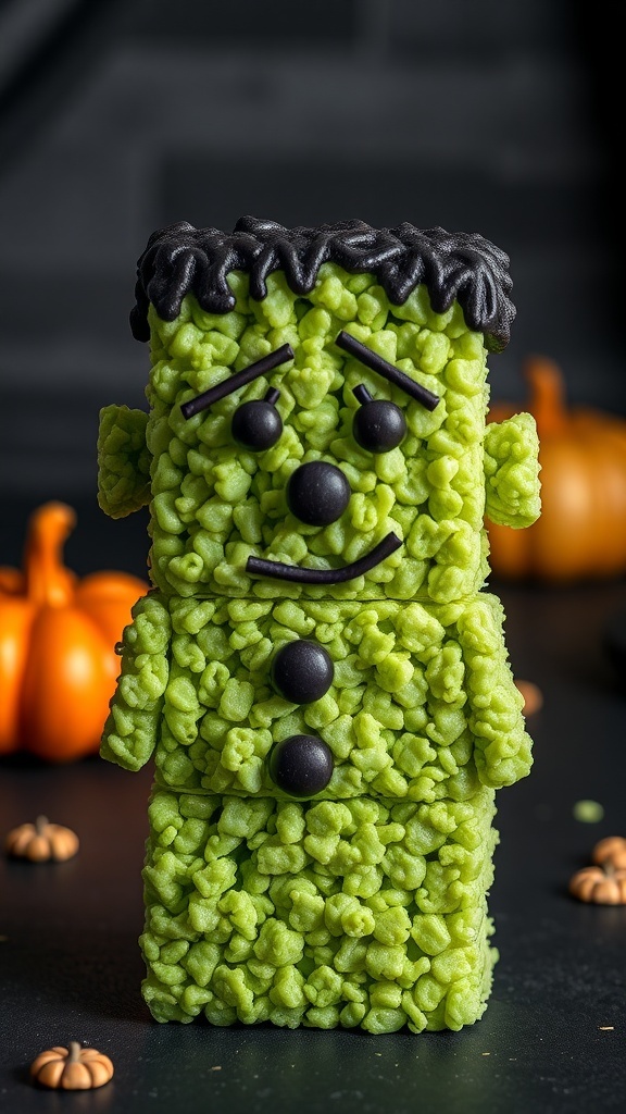 A Rice Krispie treat shaped like Frankenstein, decorated with chocolate features.