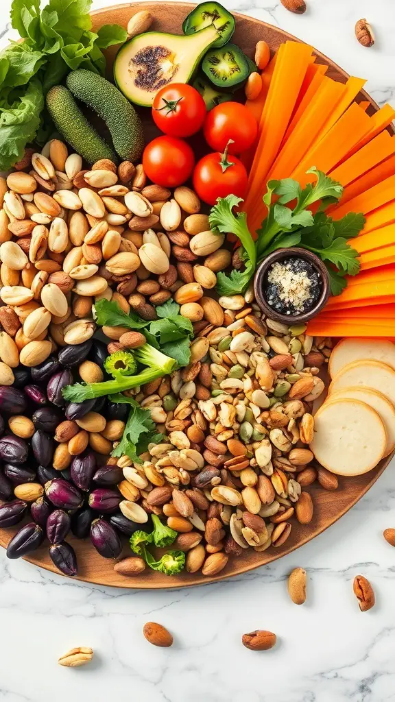 A colorful vegetarian charcuterie board with nuts, seeds, fresh vegetables, and dips.