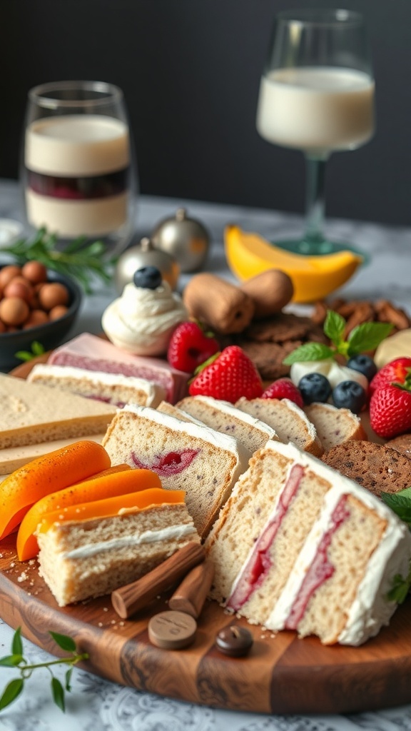 A dessert charcuterie board featuring layered cake slices with fresh fruits and various treats.