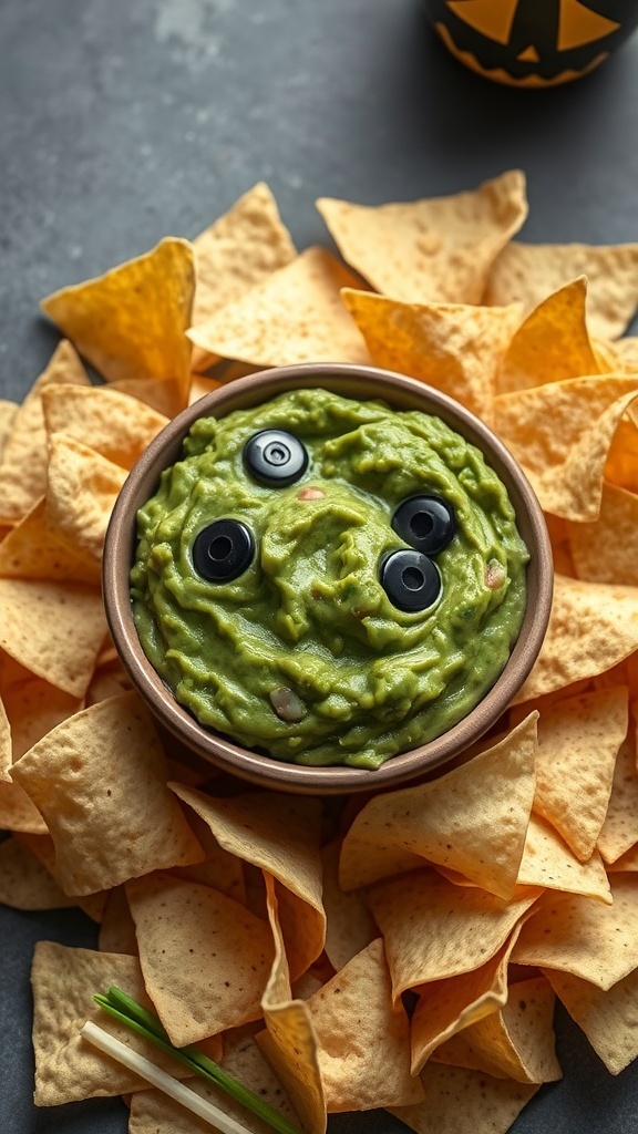 A bowl of guacamole designed to look like a monster's face, surrounded by tortilla chips.
