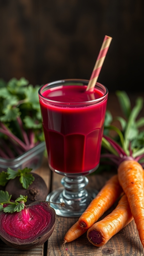 A glass of beetroot and carrot juice with a striped straw, surrounded by fresh beetroots and carrots.