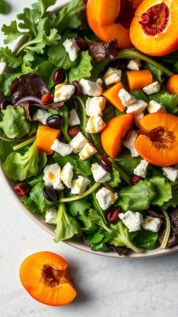 A colorful salad featuring apricots, goat cheese, and mixed greens.