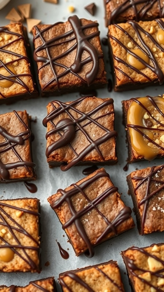 Brownie and blondie squares drizzled with chocolate and topped with caramel and nuts