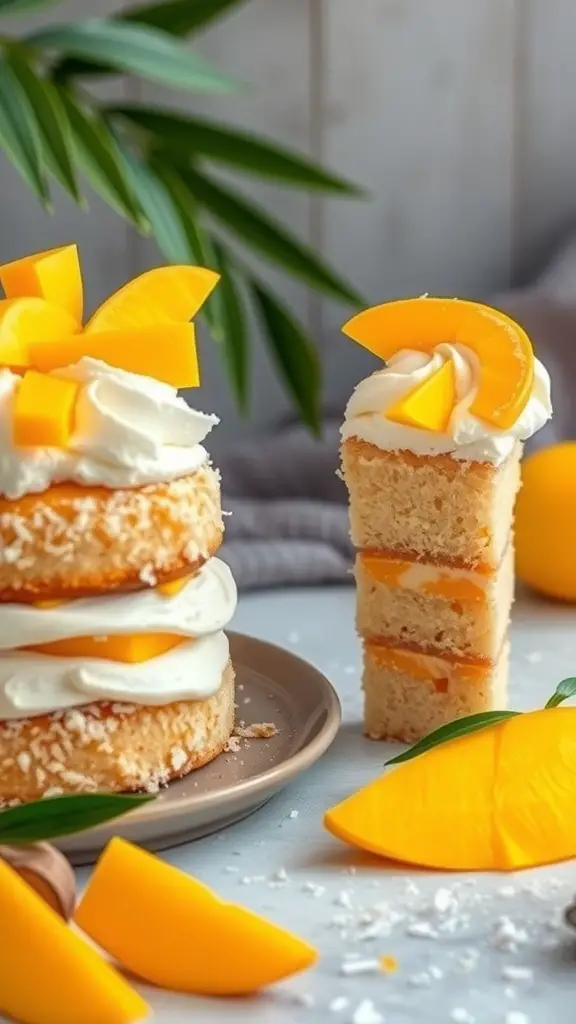 A mango cake with coconut whipped cream, garnished with mango slices, displayed on a plate.