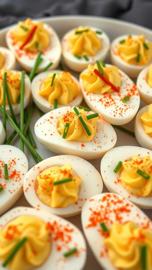 A platter of classic deviled eggs topped with paprika and chives.