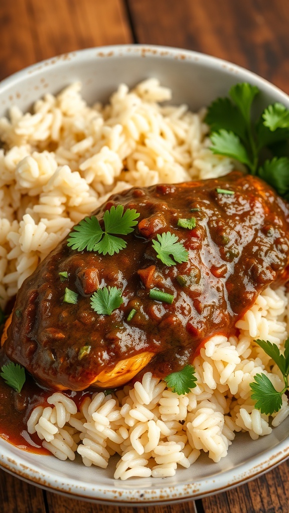 A bowl of Mole Poblano Chicken served over rice, garnished with cilantro.