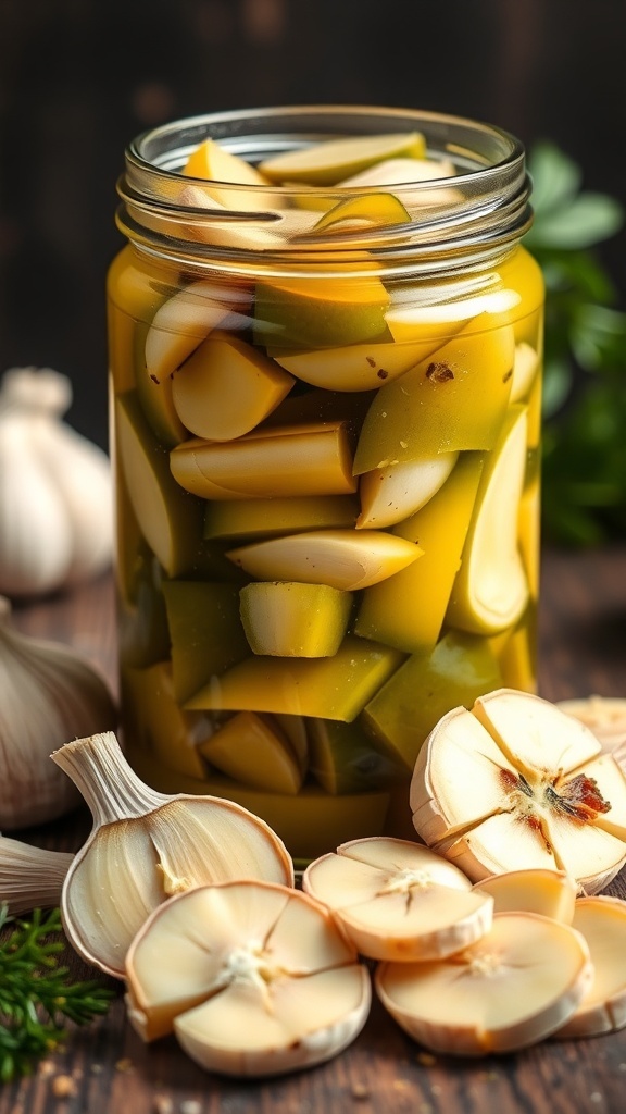 A jar of pickled garlic and ginger with fresh garlic cloves beside it.