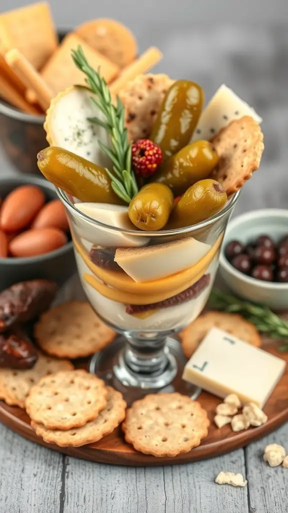 A gourmet pickle and cheese cup with layers of cheese, pickles, and crackers.