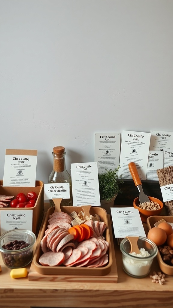 A beautifully arranged DIY charcuterie kit with meats, cheeses, and accompaniments.