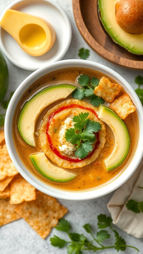 A bowl of Sopa de Tortilla with avocado slices and tortilla strips, garnished with cilantro.
