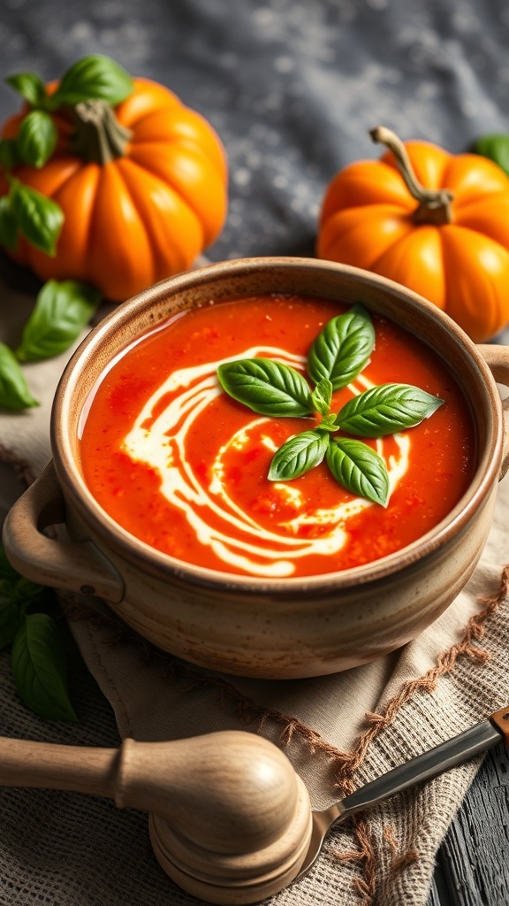 A bowl of vibrant red tomato soup garnished with basil leaves, surrounded by pumpkins.