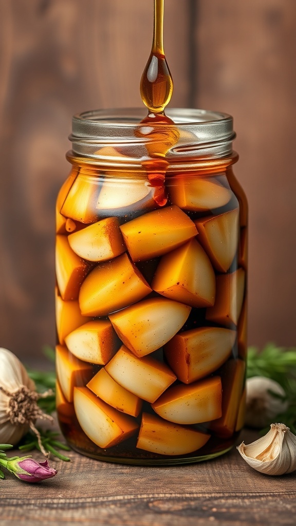 A jar of honey balsamic pickled garlic with garlic cloves submerged in a dark liquid.
