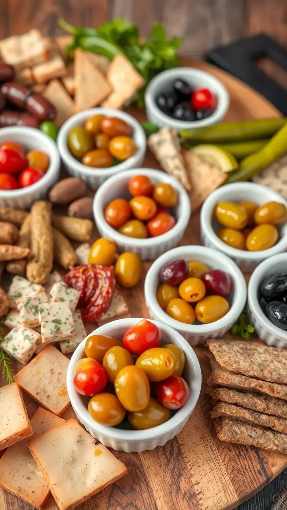 A charcuterie board featuring various olives and pickles in small bowls, surrounded by crackers and other snacks.