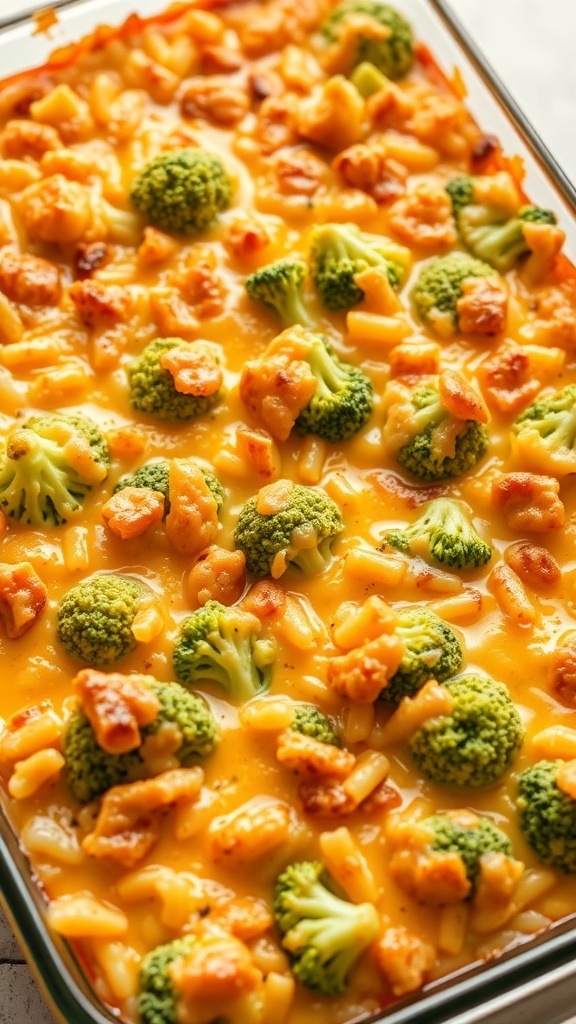 A close-up of a cheesy broccoli rice casserole with golden cheese and green broccoli florets.