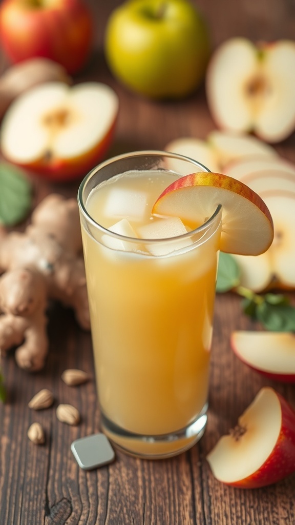 A glass of apple and ginger juice with apple slices and ginger root in the background.