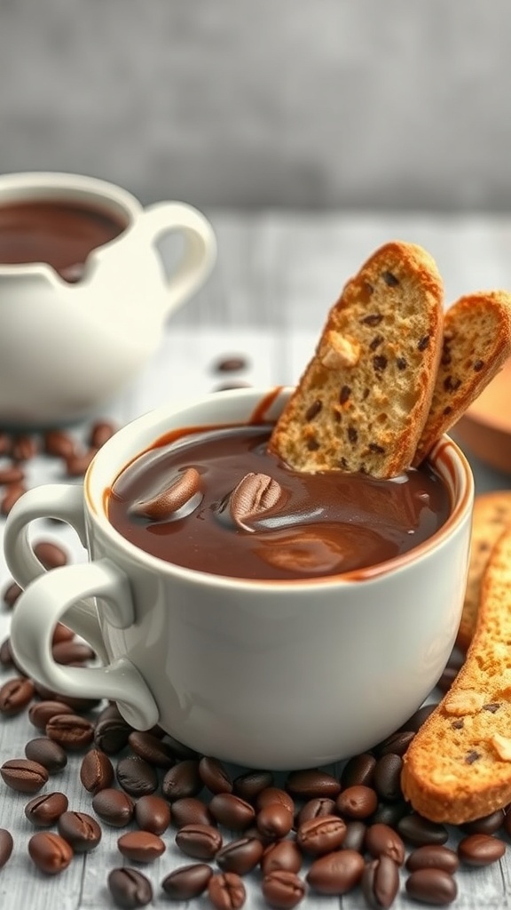 A cup of coffee infused chocolate fondue with biscotti and coffee beans