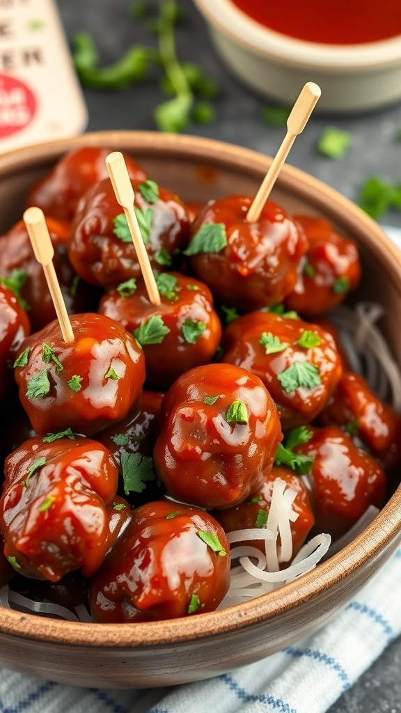 A bowl of BBQ meatballs with tangy sauce, garnished with herbs and served with toothpicks.