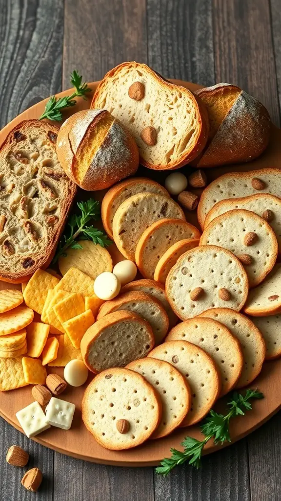 A charcuterie board featuring artisan breads and crackers, showcasing a variety of textures and colors.
