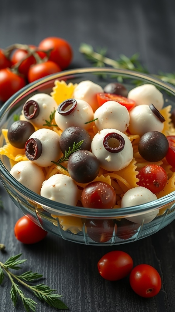 A bowl of Eyeball Pasta Salad with mozzarella balls, olives, and cherry tomatoes, styled for a Halloween theme.