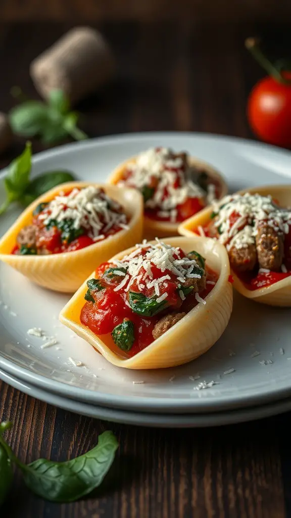 A plate of Italian sausage and spinach stuffed shells topped with marinara sauce and cheese