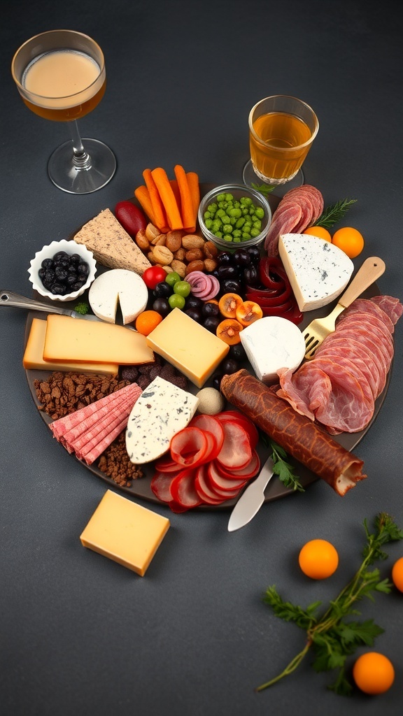 A colorful charcuterie board featuring various cheeses, meats, fruits, and nuts, with drinks on the side.