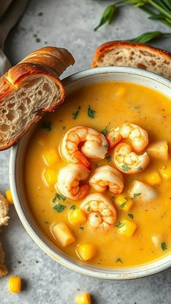 A bowl of shrimp and corn chowder with shrimp, corn, and herbs, served with slices of bread.