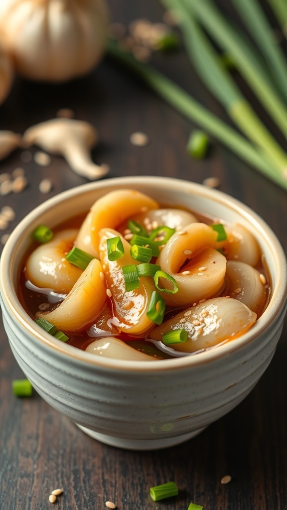 A bowl of Asian style pickled garlic with green onions on top