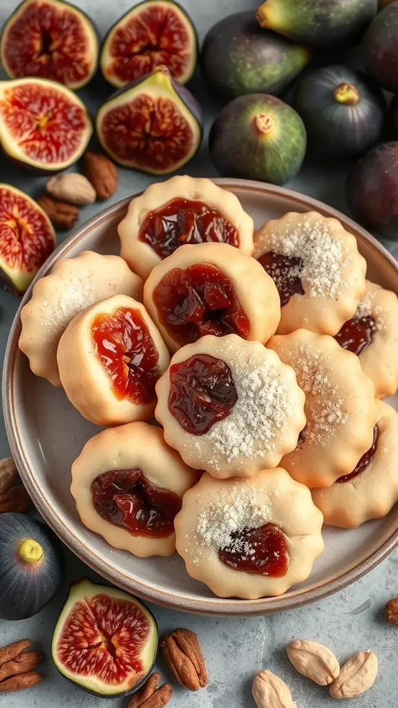 A plate of traditional Italian fig cookies surrounded by fresh figs and nuts.