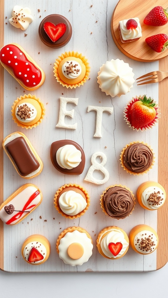 An assortment of mini pastries including tarts, éclairs, and cupcakes on a wooden board.