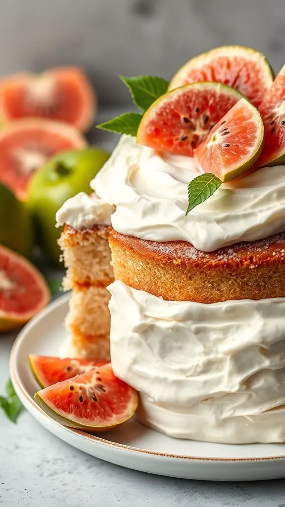 A delicious guava cake topped with cream cheese frosting and fresh guava slices.