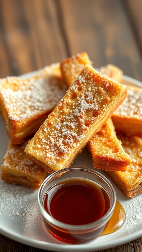 Air fryer French toast sticks with powdered sugar and syrup
