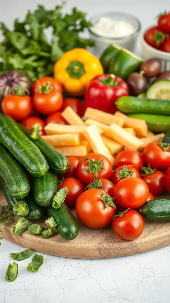 A colorful assortment of fresh vegetables including tomatoes, cucumbers, and peppers arranged on a wooden board.