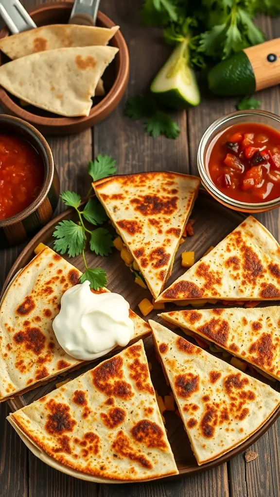 Delicious zucchini and corn quesadillas served with salsa and sour cream.