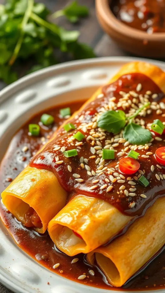 Vegetarian enchiladas topped with mole sauce, garnished with sesame seeds and green onions