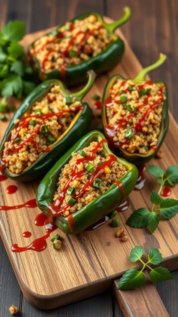 Stuffed poblano peppers filled with quinoa on a wooden cutting board, garnished with sauce and herbs.