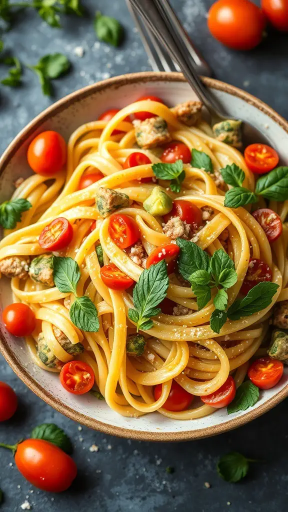 A bowl of Pasta Primavera with cherry tomatoes, green vegetables, and herbs.