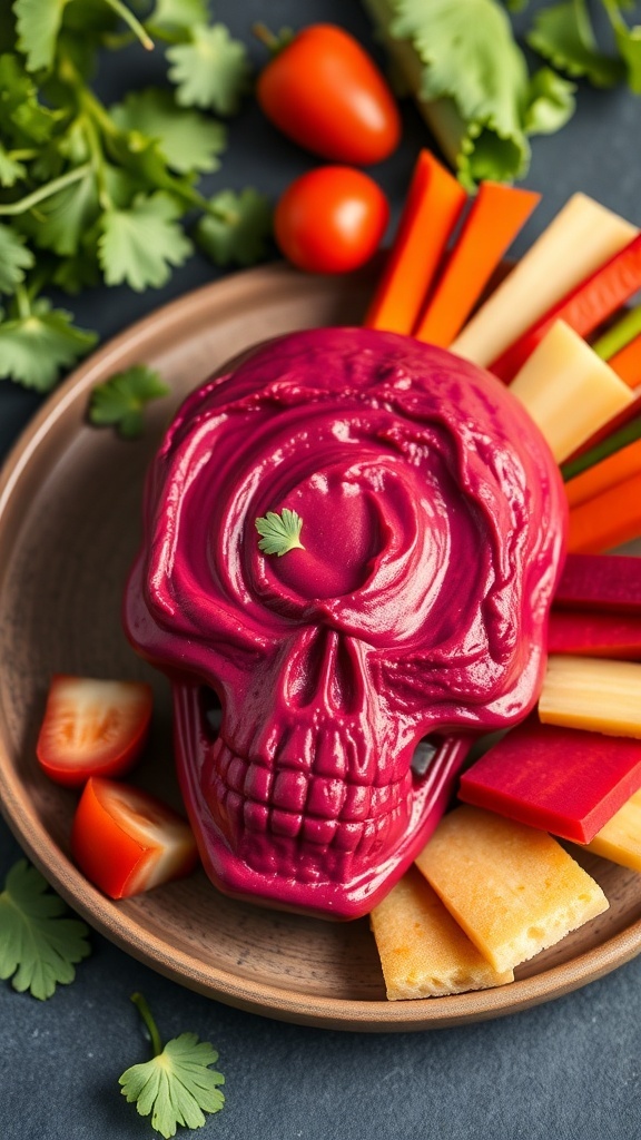 A vibrant skull-shaped beet hummus surrounded by fresh vegetables and crackers.