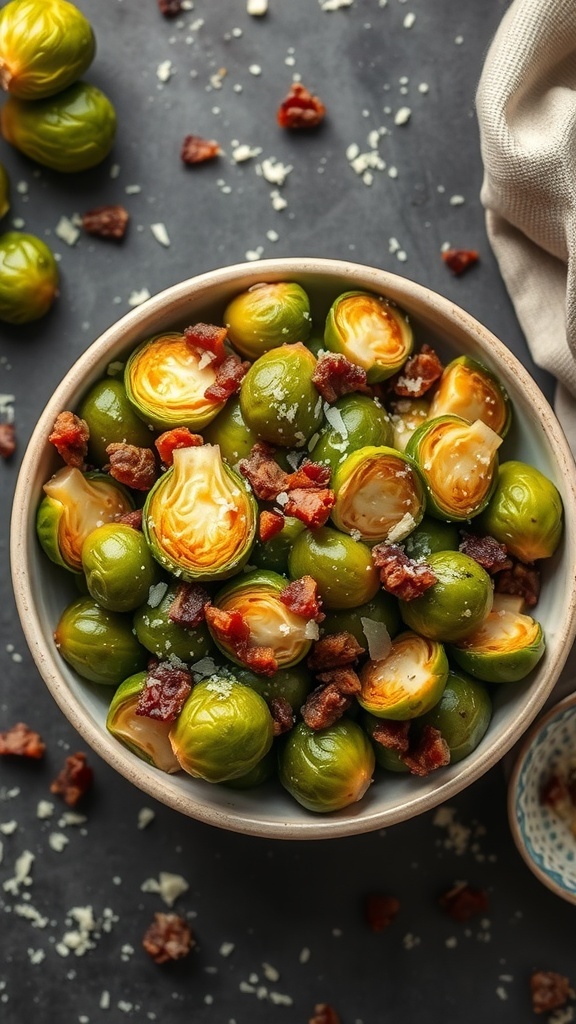 A bowl of crispy Brussels sprouts with bacon, garnished with cheese, on a dark background.